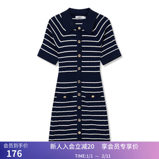 【商场同款】LILY夏新款女装复古条纹别致翻领显瘦针织连衣裙