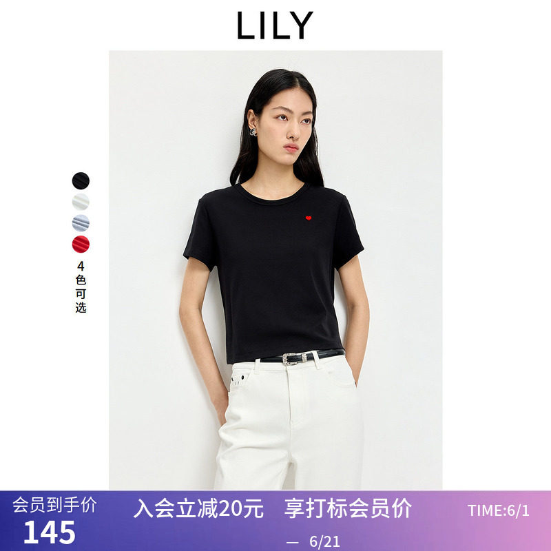 LILY2026夏新款含莱赛尔复古撞色爱心刺绣正肩休闲通勤短袖T恤女