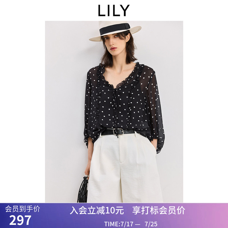 LILY2026夏新款法式复古波点宽松休闲通勤黑色长袖雪纺衫套头衫女