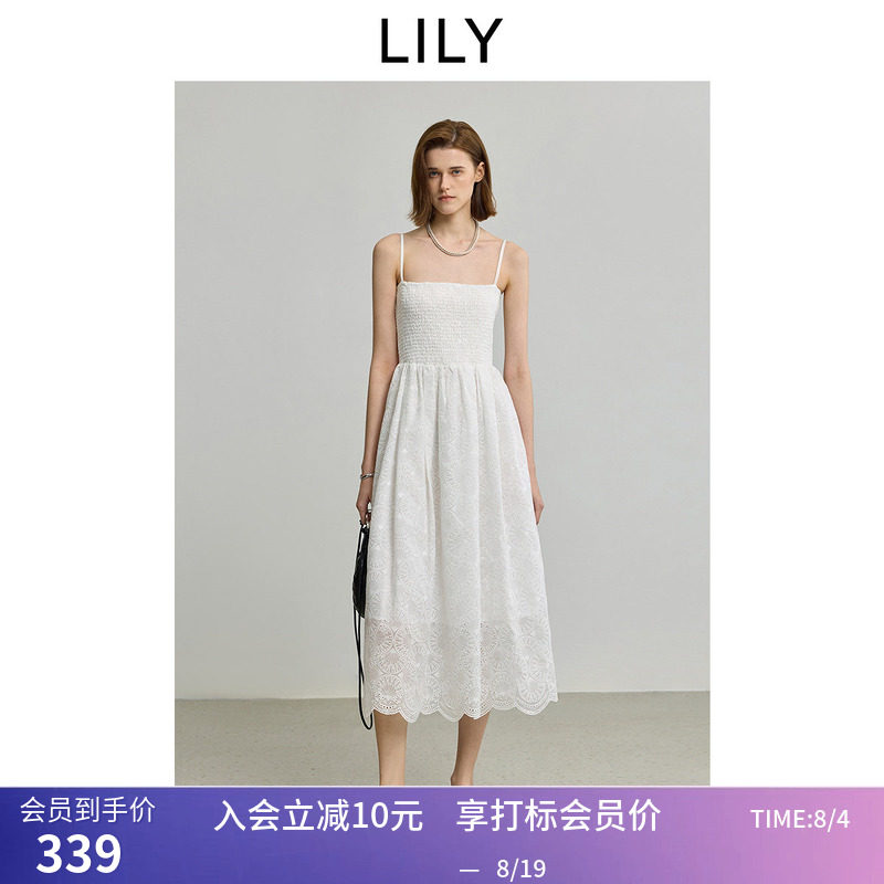 【商场同款】LILY夏新款女装莱赛尔混纺法式绣花吊带裙连衣裙