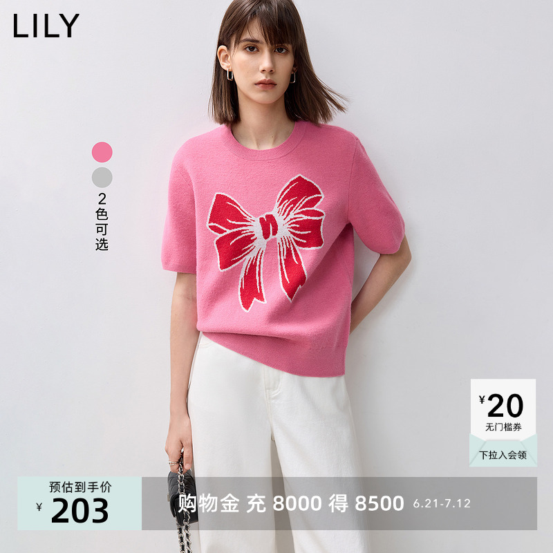 【博主同款】LILY2024秋新款女装蝴蝶结减龄学院风休闲短袖针织衫