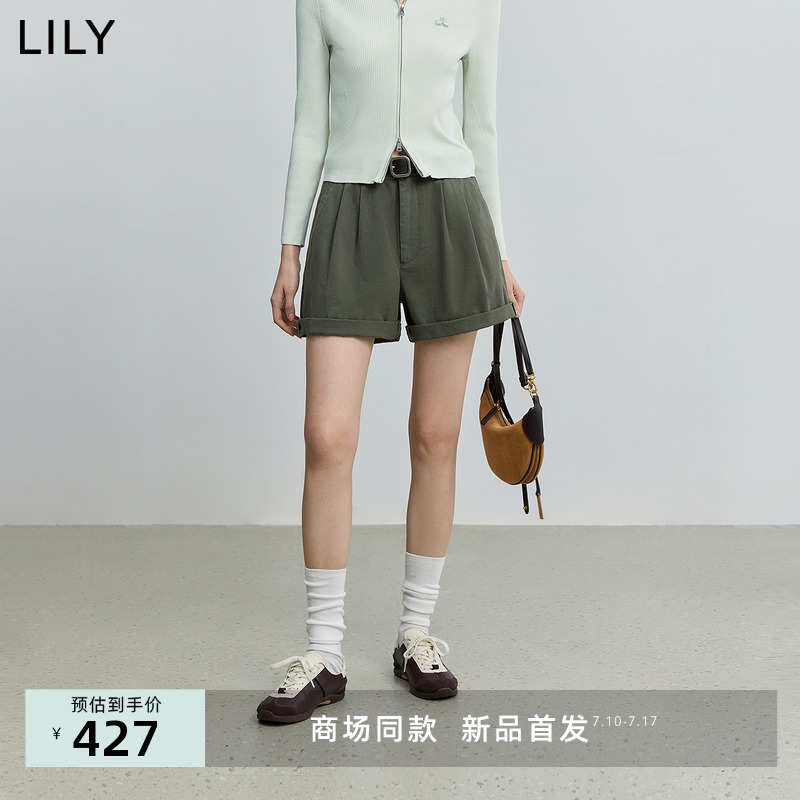 【商场同款】LILY2025秋新款复古压褶百搭通勤墨绿色休闲裤短裤女