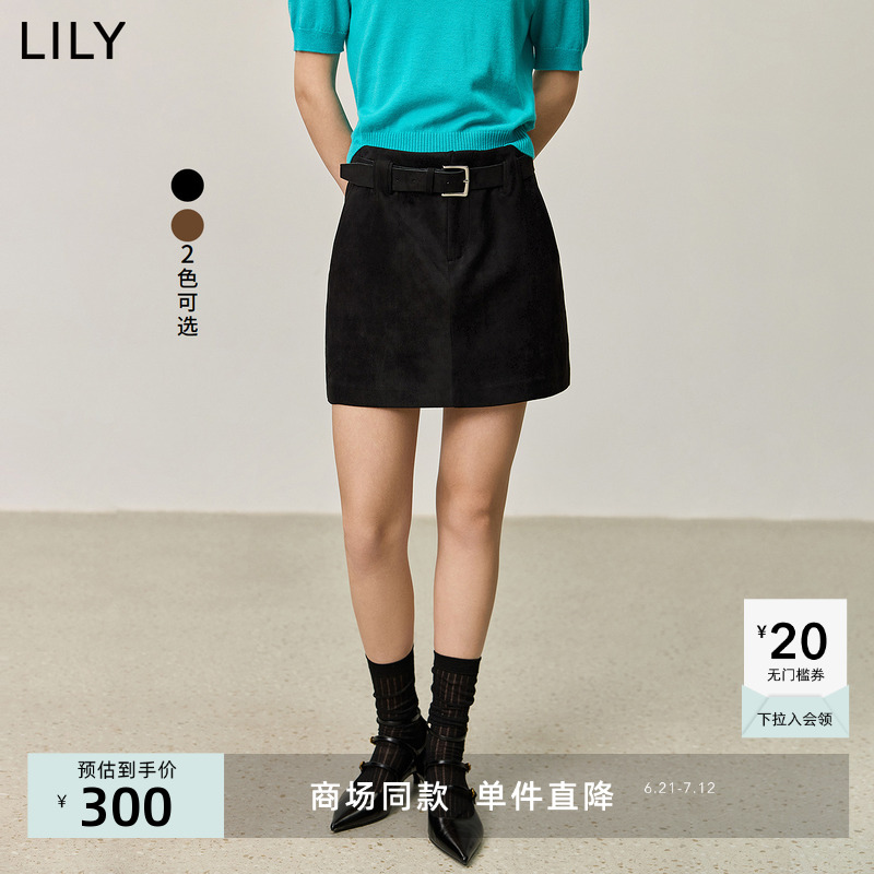 【商场同款】LILY2024秋新款复古麂皮绒中低腰防走光微A半身裙女