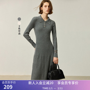 LILY冬新款女装设计感POLO领镂空波浪花边修身收腰针织连衣裙