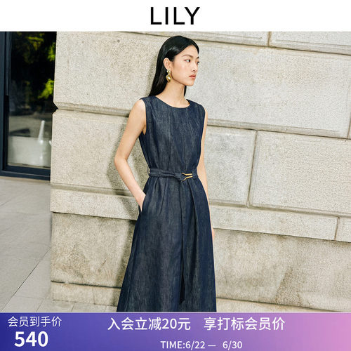 LILY2026夏新款含莱赛尔醋酸复古老钱风无袖圆领收腰牛仔连衣裙女