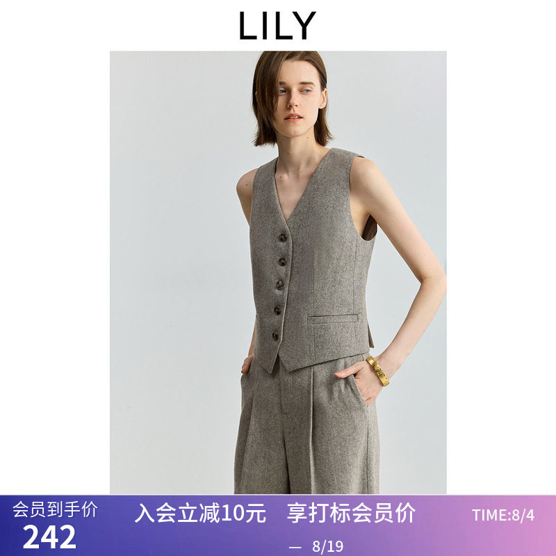 LILY秋新款女装羊毛混纺老钱风V领休闲气质通勤无袖西装马甲
