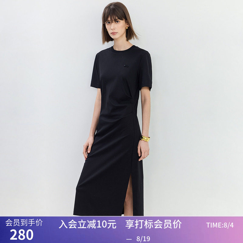 【商场同款】LILY夏新款女装复古时尚条纹气质通勤抽褶连衣裙