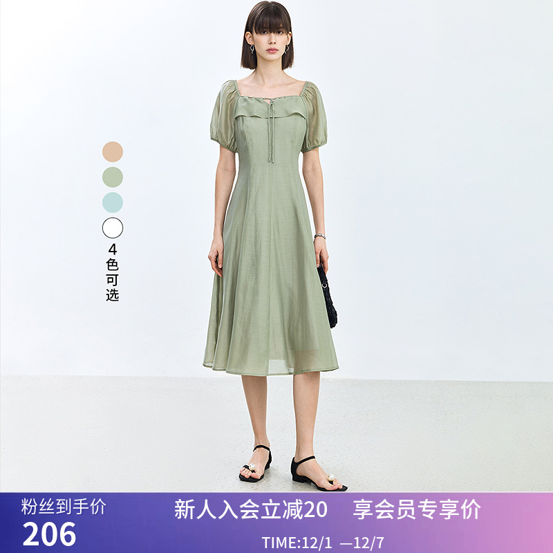 LILY夏新款女装浪漫通勤款复古气质方领泡泡袖长款收腰连衣裙