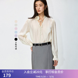 LILY春新款女装含亚麻浪漫优雅垂坠感套头衬衫雪纺衫宽松上衣