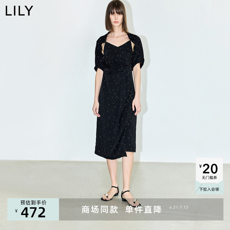 【商场同款】LILY2024夏别致短袖小坎肩立裁式吊带小黑裙连衣裙