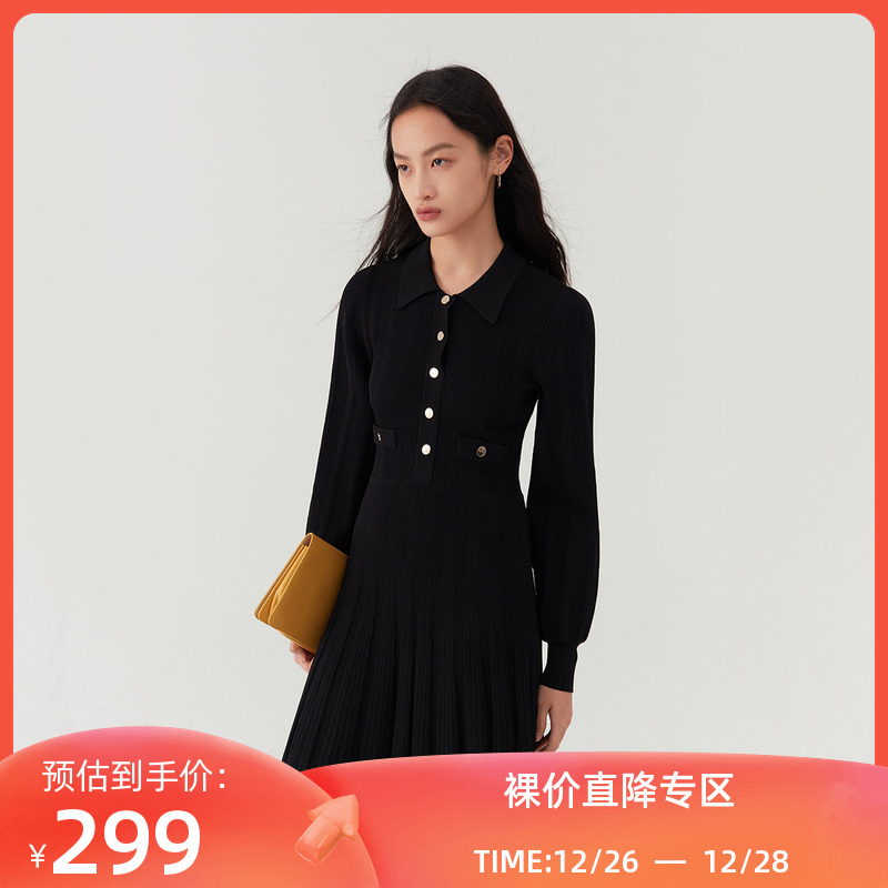 【商场同款】LILY冬新款女装优雅俏皮泡泡袖针织款百褶连衣裙