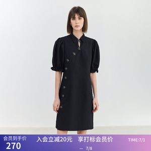【商场同款】LILY夏新中式暗玫瑰提花泡泡肌理连衣裙小黑裙