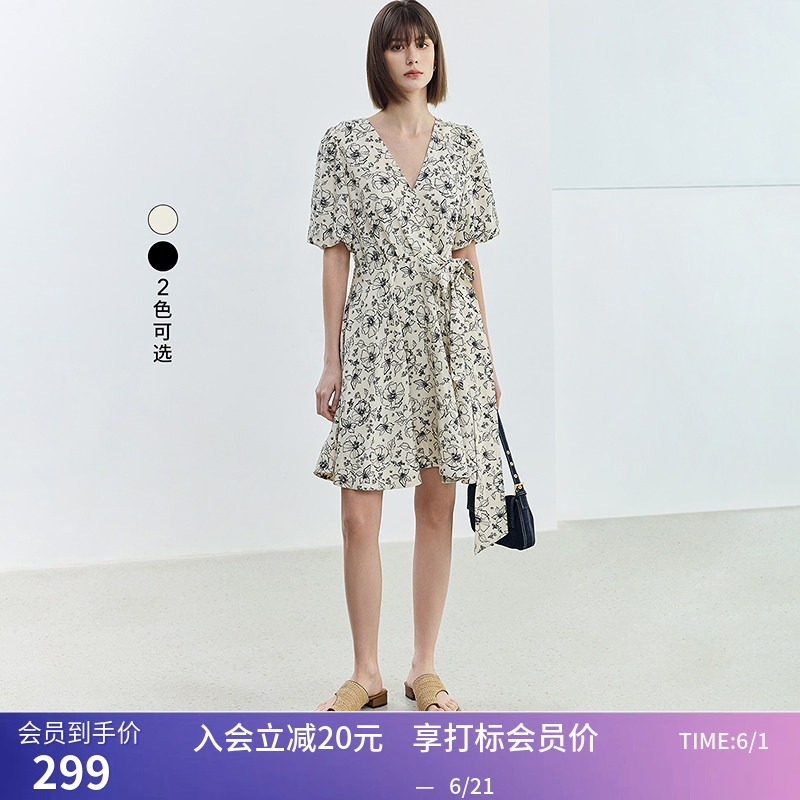【专柜甄选】LILY夏新款女装设计感复古泡泡袖中长款连衣裙女