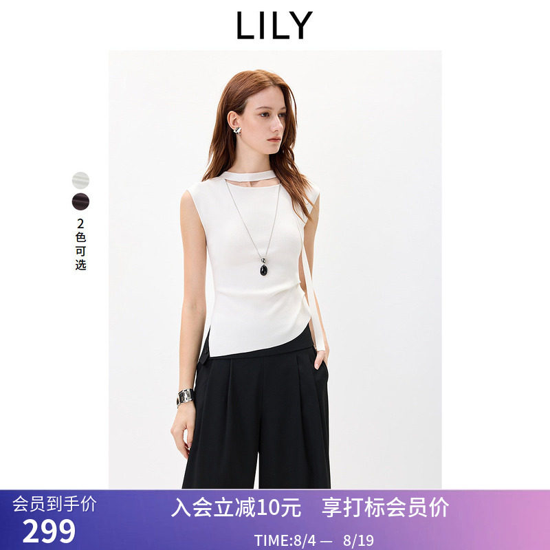 LILY2026秋新款莱赛尔醋酸混纺复古飘带修身通勤无袖针织衫背心女