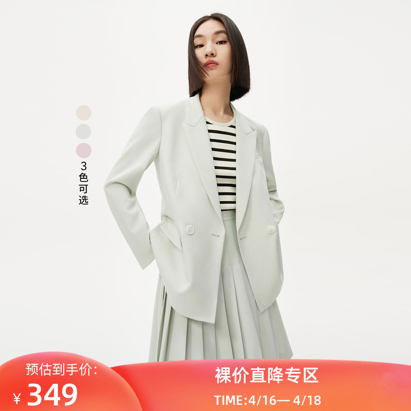 LILY2023夏新款女装时尚复古双排扣气质纯色温柔通勤宽松西装外套