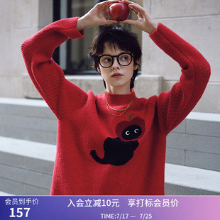 【苹果猫毛衣】LILY冬新款女装圣诞氛围感猫咪细闪红色毛衣女