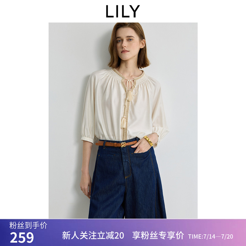 LILY2025夏新款法式气质司马克织带流苏休闲七分袖米白色套头衫女