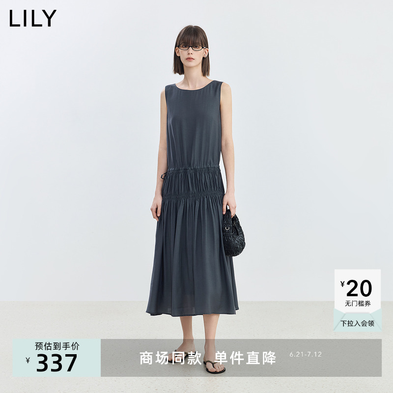 【商场同款】LILY新款女装格雷系休闲褶皱收腰圆领无袖背心连衣裙