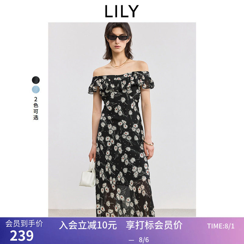 【商场同款】LILY夏新款法式碎花荷叶边斜裁收腰连衣裙长裙女