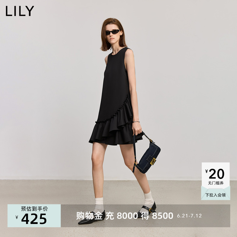 小黑裙LILY2025夏新款设计感不规则花边抽褶下摆无袖圆领连衣裙女