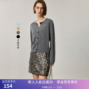 LILY秋新款女装撞色领刺绣修身显瘦百搭通勤短款长袖针织开衫