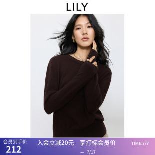 LILY秋新款女装兔绒羊毛混纺手工编织圆领套头通勤针织衫毛衣