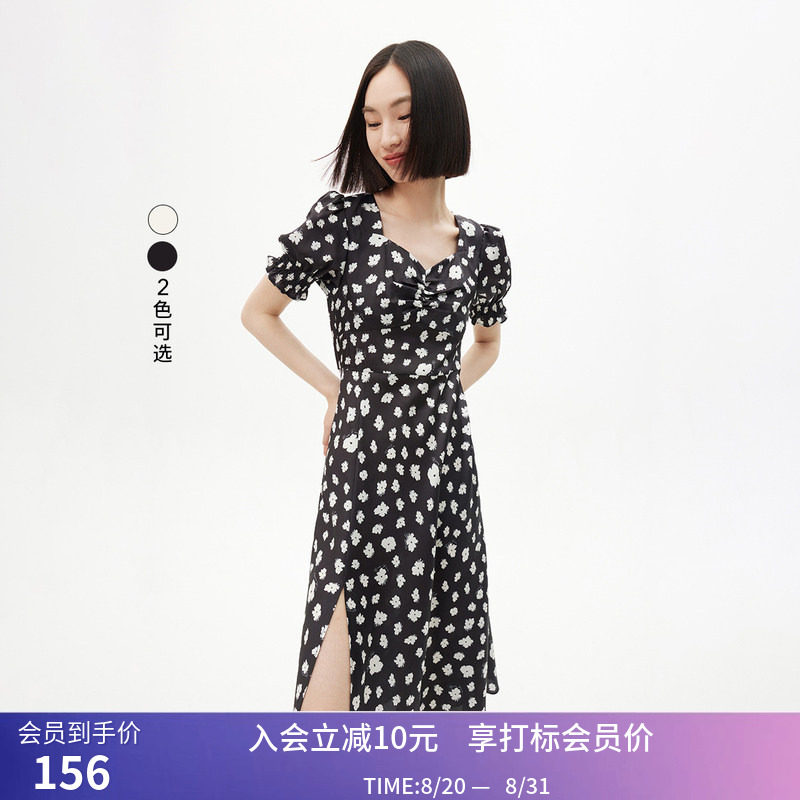 LILY夏新款女装浪漫印花法式优雅方领慵懒泡泡袖高腰连衣裙女