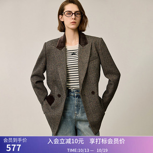 LILY冬新款女装复古美拉德彩点花呢丝绒拼接收腰西装外套女款