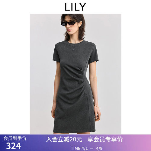 LILY夏新款格雷系极简风不对称褶皱收腰休闲短袖T恤连衣裙女