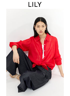 100%苎麻LILY2026夏新款女装翻领宽松休闲通勤大红色薄款衬衫外套
