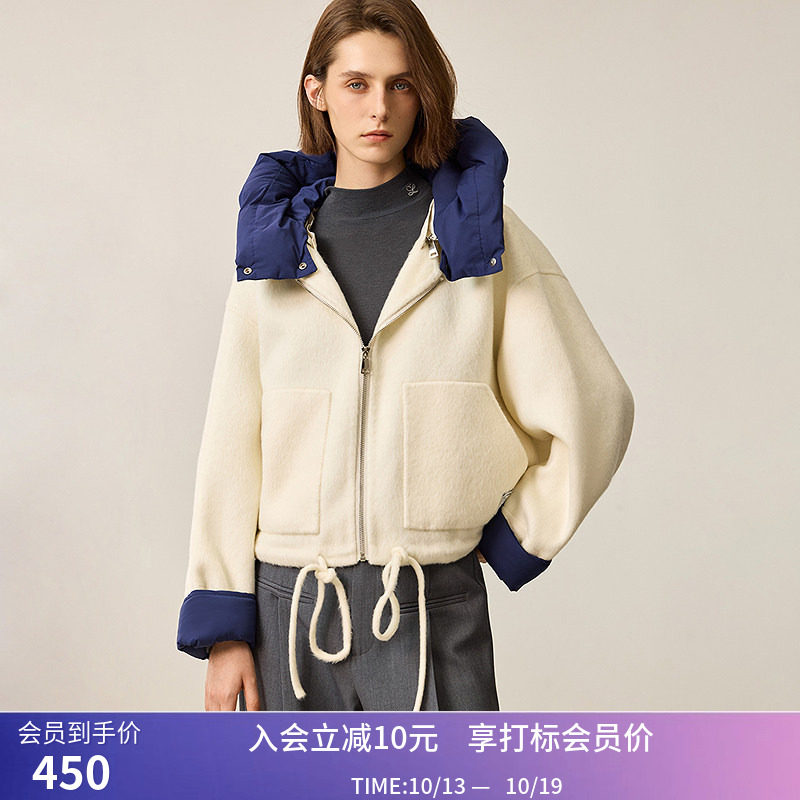 LILY冬新款女装绵羊毛设计感可拆卸拼接领宽松百搭双面呢外套