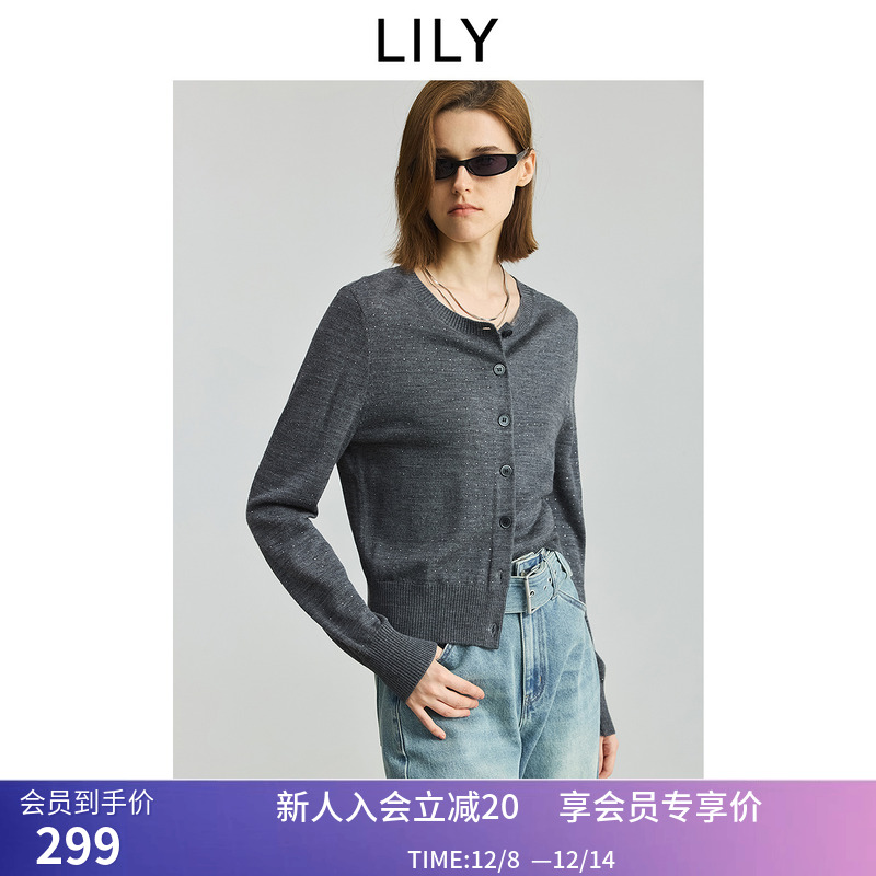 LILY【商场同款】2025秋新款女装含羊毛精致烫钻气质通勤针织开衫