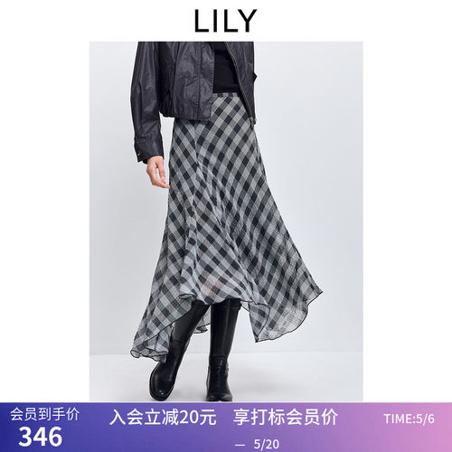 LILY2026春新款女装复古垂感撞色格纹不规则气质通勤A字裙半身裙