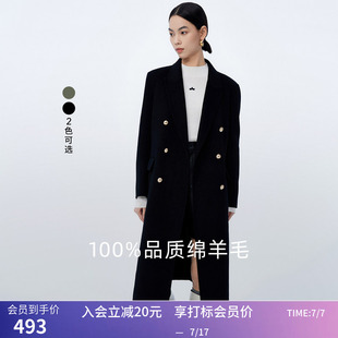 LILY冬新款女装全绵羊毛复古双排扣气质通勤长款毛呢外套大衣