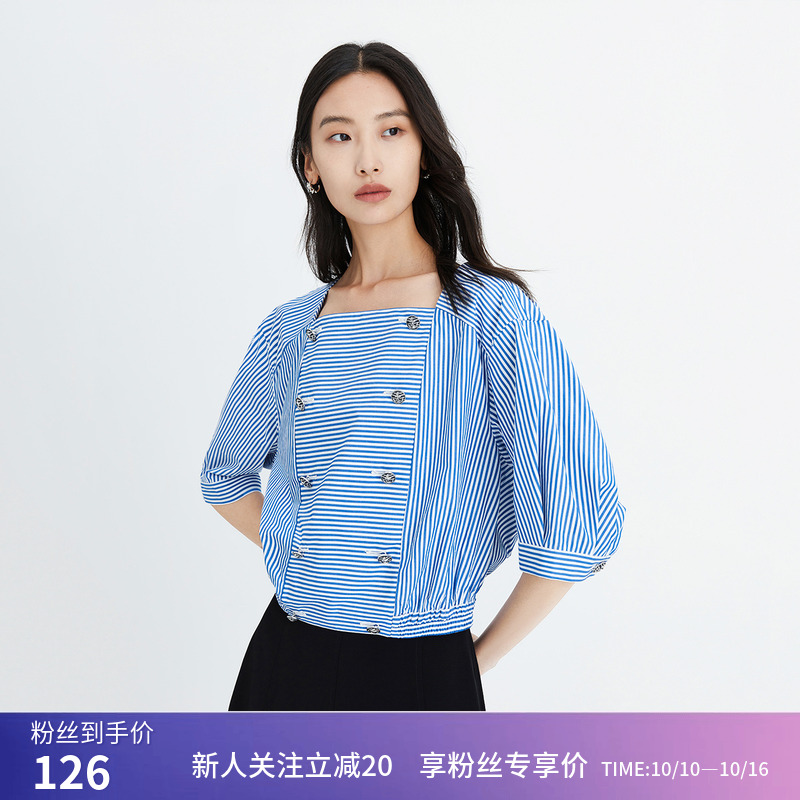 【商场同款】LILY夏新款女装全棉复古方领条纹五分袖雪纺衫女