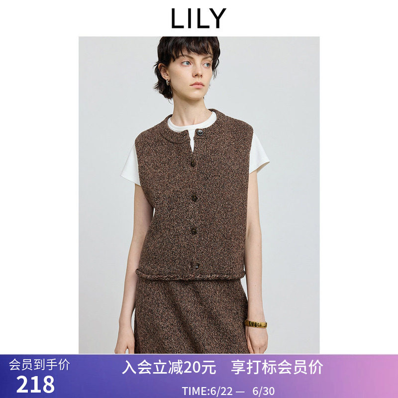LILY冬新款羊毛混纺麻花休闲通勤无袖圆领马甲背心针织开衫女