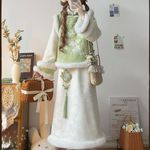 新中式旗袍唐制汉服女假两件绣花加绒上衣保暖齐腰半身裙新年套装