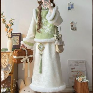 新中式 旗袍唐制汉服女假两件绣花加绒上衣保暖齐腰半身裙新年套装