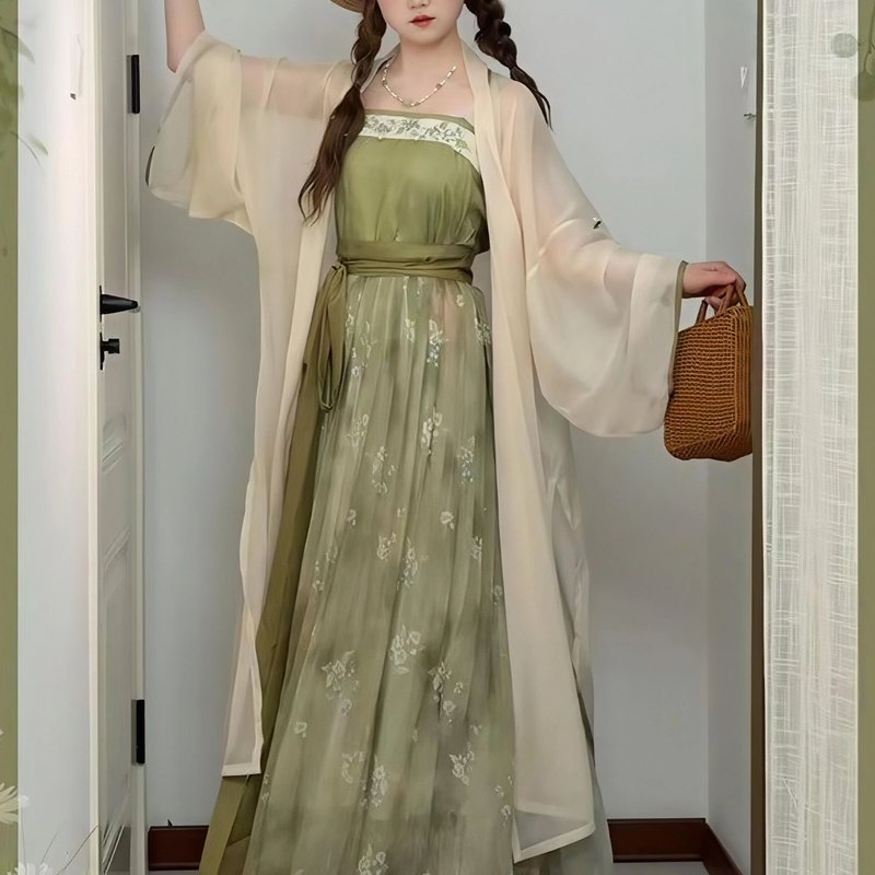 宋制汉服女长褙子刺绣吊带褶裙