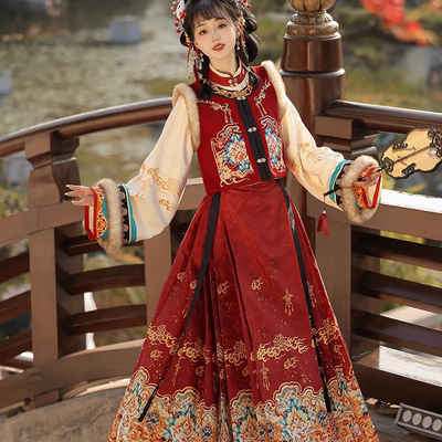 过年汉服女明制刺绣比甲马面裙冬