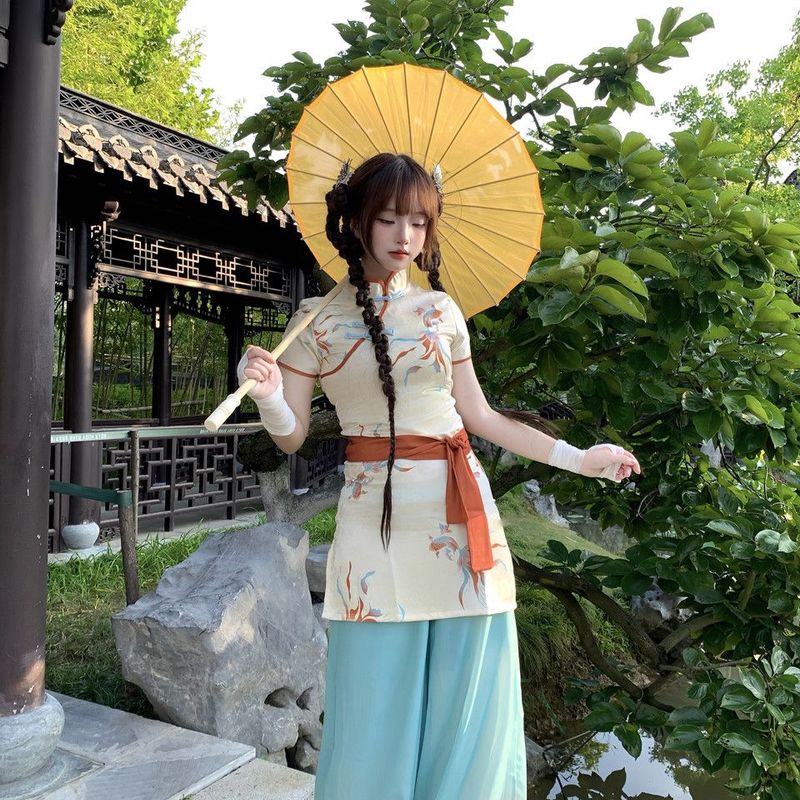 新中式夏季汉服女改良旗袍灯笼裤图片