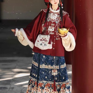 新年战袍重工刺绣汉服女【灵蛇祈岁】明制云肩加绒圆领短袄马面裙