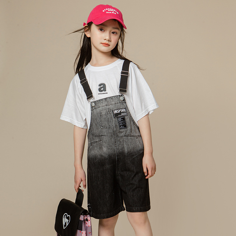 中大童款全棉两件套夏季新品儿童女童字母2025T恤＋牛仔背带裤
