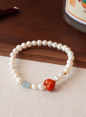 「珍世安」天然淡水珍珠手链搭配南红桃心百搭新中式手串闺蜜礼物