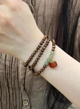 天然金丝檀木新中式文玩手串红玛瑙柿柿如意手链女国风好运礼物