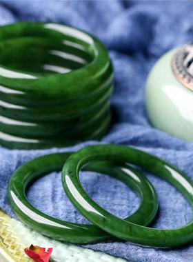 新疆和田玉碧玉手镯菠菜绿碧玉圆条玉镯子猕猴桃色手镯带证书女款