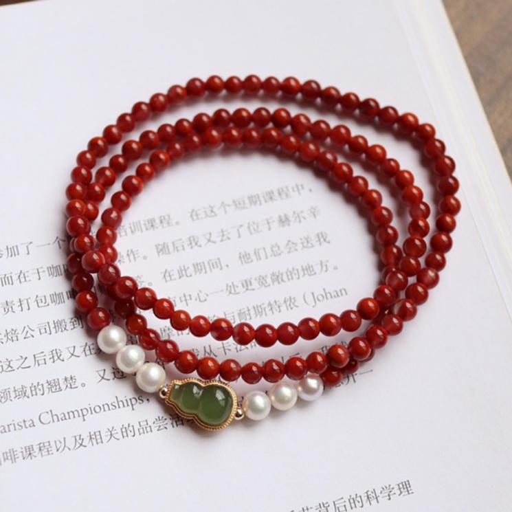 天然满肉柿子红南红多圈手串搭配天然淡水珍珠款南红玛瑙手链