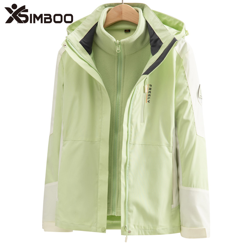 simboo冲锋衣外套女三合一可拆卸露营服潮牌加绒加厚登山服男冬季