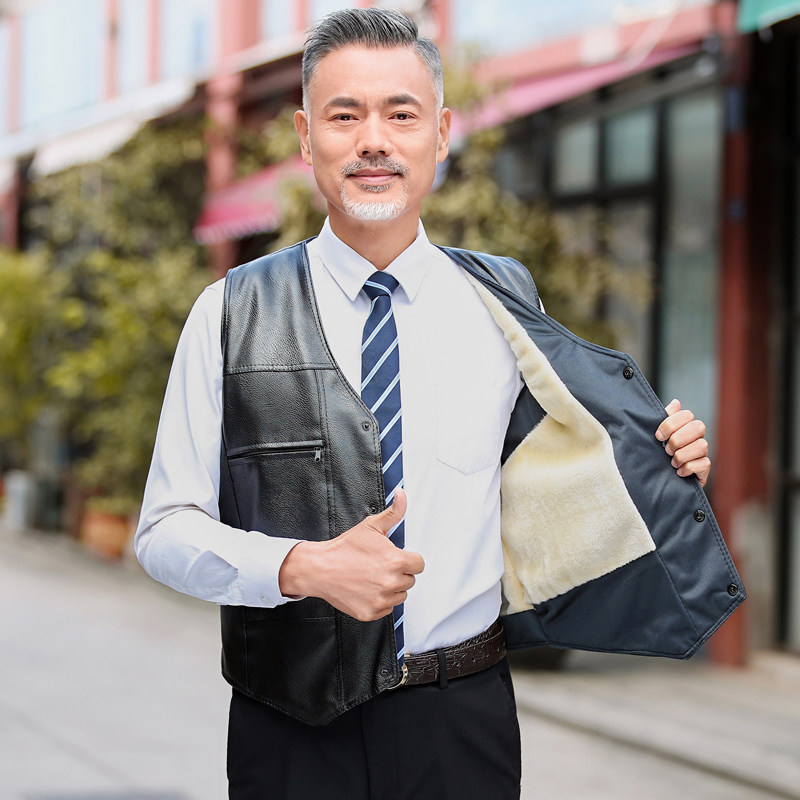 2021新款中年男士皮马甲秋冬加绒加厚中老年人男爸爸冬季背心马夹