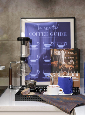 蓝色厨房简约样板房厨房手工咖啡主题软装饰品金属托盘组合摆件